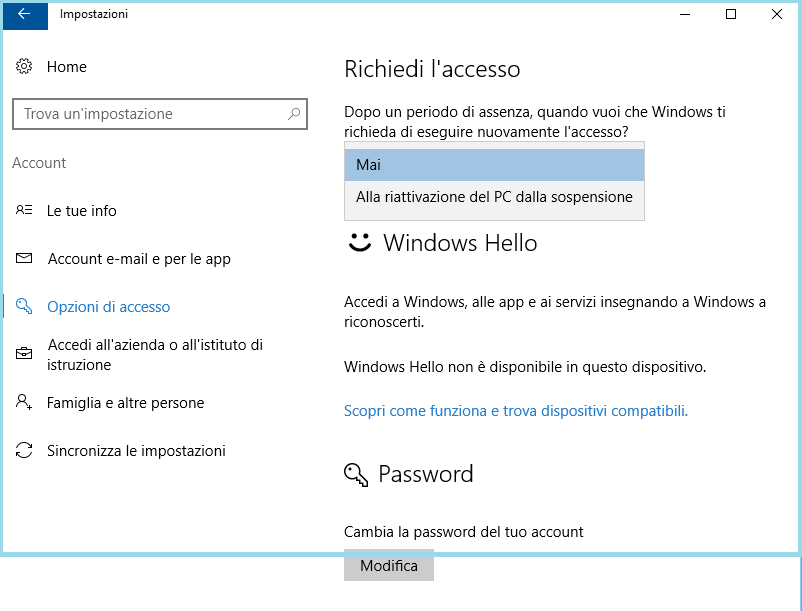 Come togliere password sospensione Windows 10