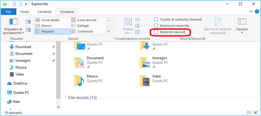 Visualizzare file e cartelle nascoste Windows 10