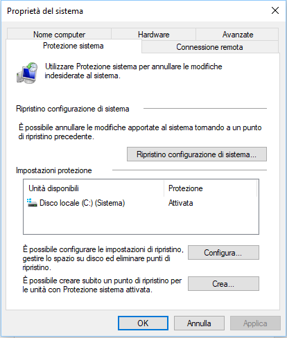 Attivare o creare il ripristino sistema su Windows 10