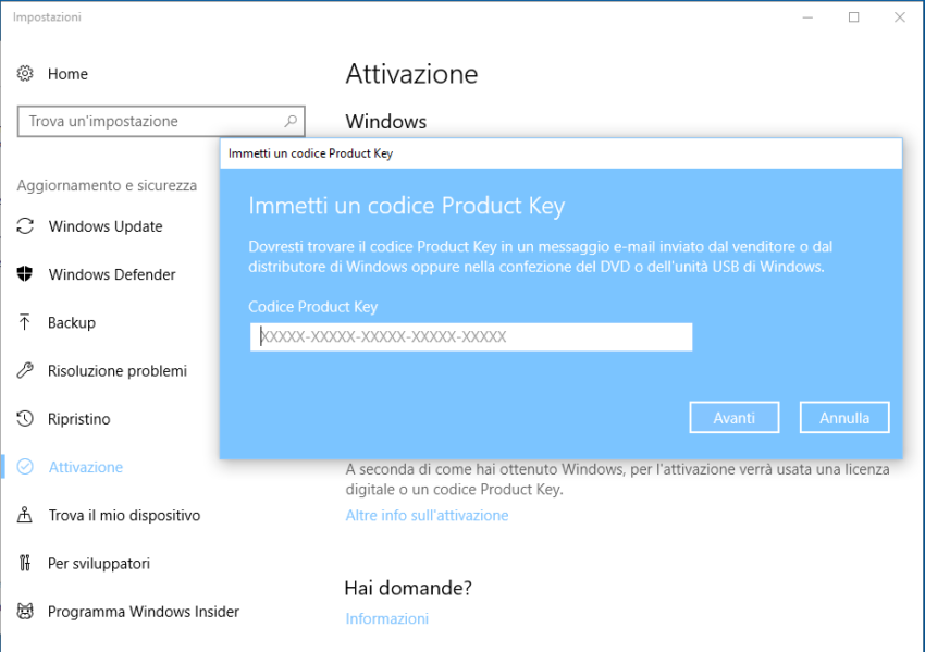 Cambiare o modificare product key Windows 10