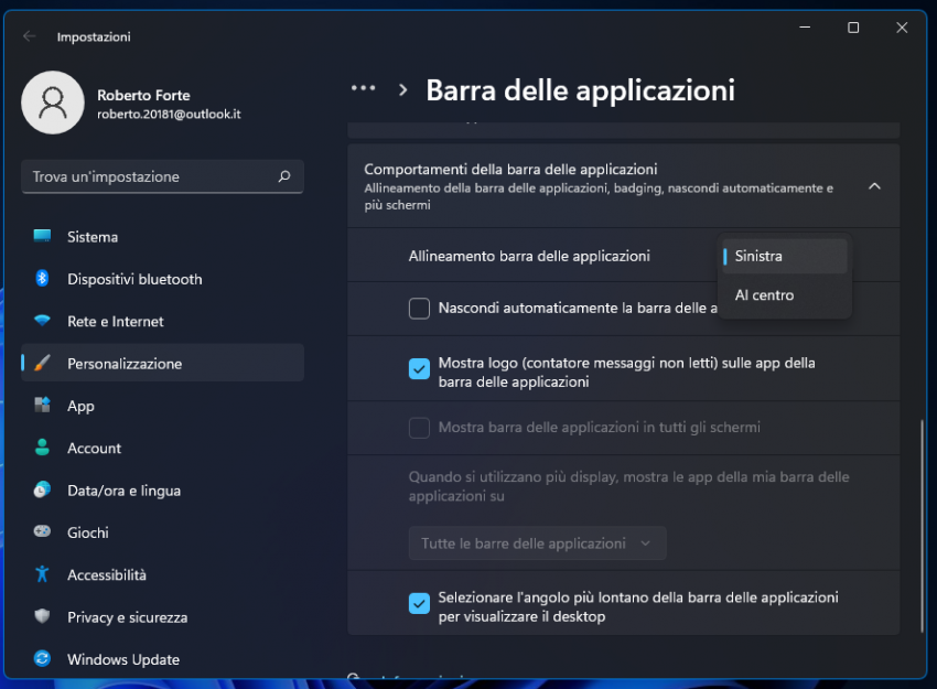 Spostare menu Start di Windows 11